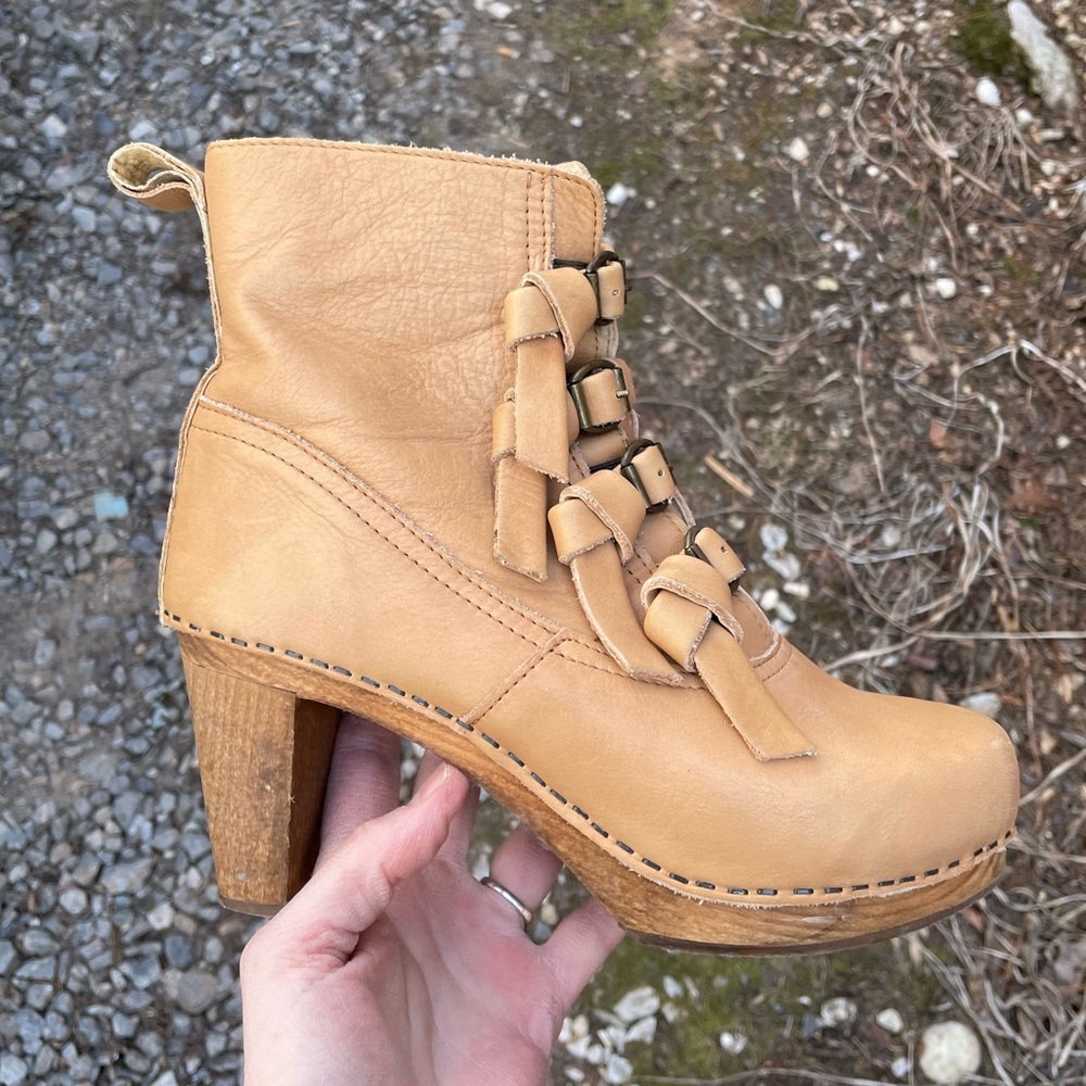 Sanita Tan Leather Wooden Clog Boots Size 40